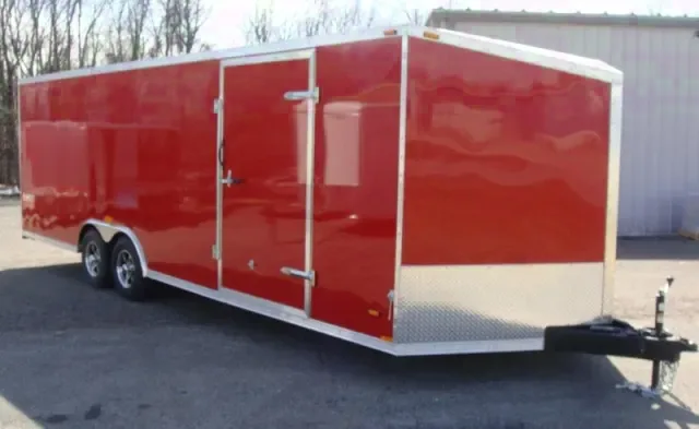 RED V-NOSE STEEL FRAME 26FT AUTO TRAILER