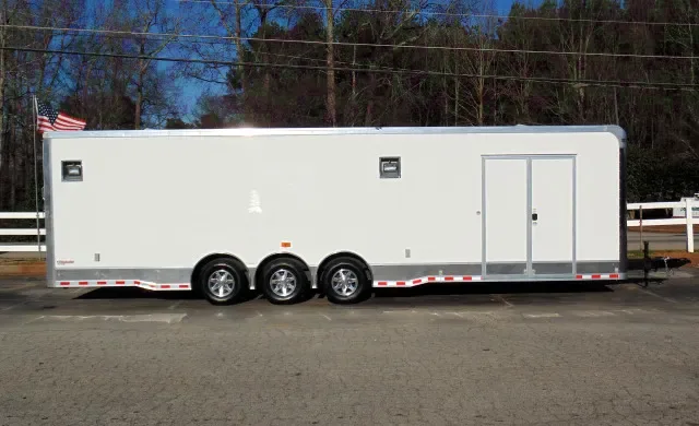 White 30ft Car Hauler with Cabinets