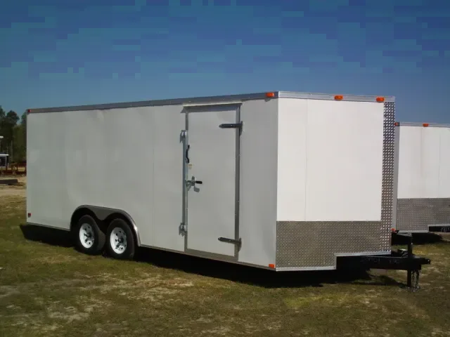 White 20ft Auto Trailer w/Escape Door