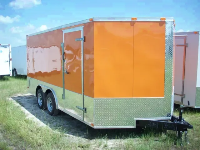 18ft Orange Car Hauler with 3500lb Axles and Wrap Around Diamond Plating
