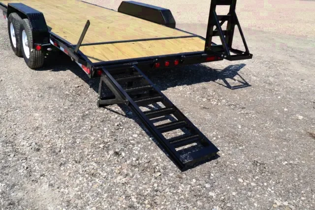 20FT CAR HAULER BLACK STEEL FRAME W/WOOD DECK AND STAND UP RAMPS