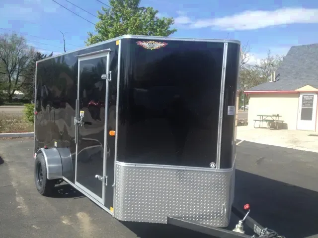 12ft Black v-nose cargo trailer with rear ramp gate