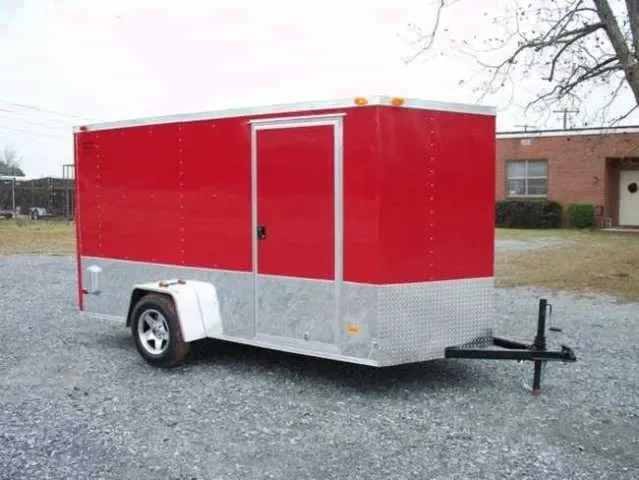 12FT V NOSE CARGO TRAILER-RED WITH WRAP AROUND DIAMOND PLATING