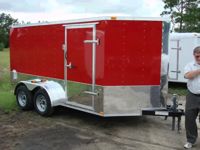 RED 12FT  V NOSE MOTORCYCLE CARGO TRAILER RAMP RED
