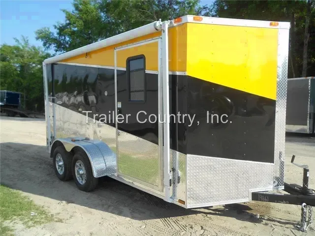 2026 7 x 14 V-Nosed Enclosed Cargo Triple Color Motorcycle Trailer Ramp