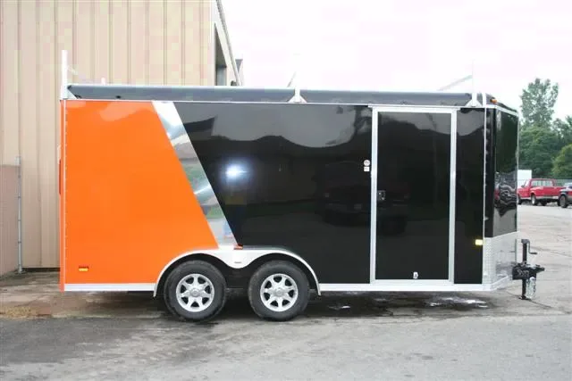 16FT LOADED BLACK AND ORANGE CARGO/MOTORCYCLE TRAILER