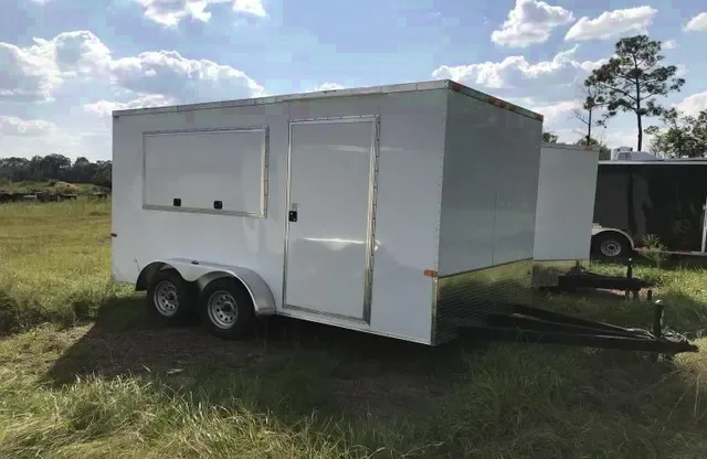 WHITE 14FT FLAT FRONT BUMPER PULL CONCESSION TRAILER