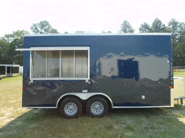 BLUE 16ft CONCESSION TRAILER W/BLACK AND WHITE CHECKERED FLOOR