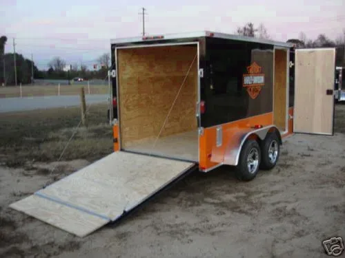 BLACK AND ORANGE 12FT V-NOSE MOTORCYCLE TRAILER