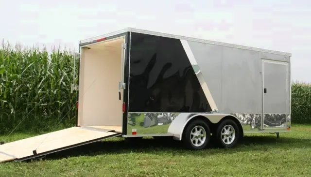 16FT SILVER AND BLACK V-NOSE MOTORCYCLE TRAILER