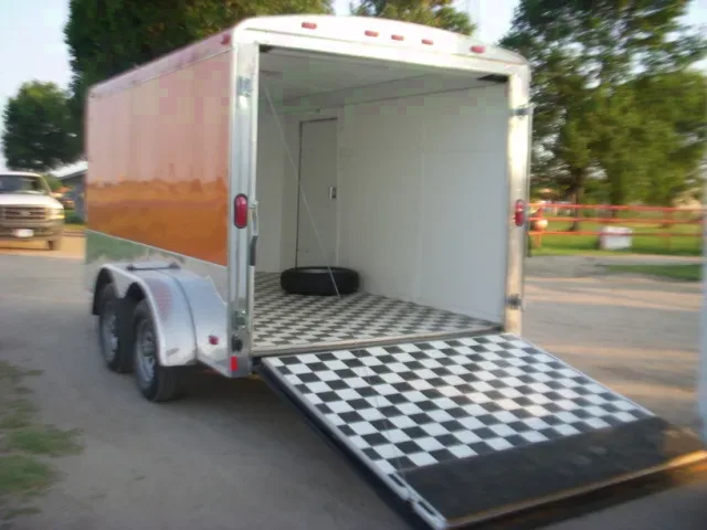 12ft Orange Enclosed Motorcycle Trailer w/ Checker Board Floors
