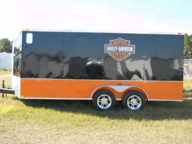 16FT Black w/Orange Trim V-Nose Motorcycle Trailer