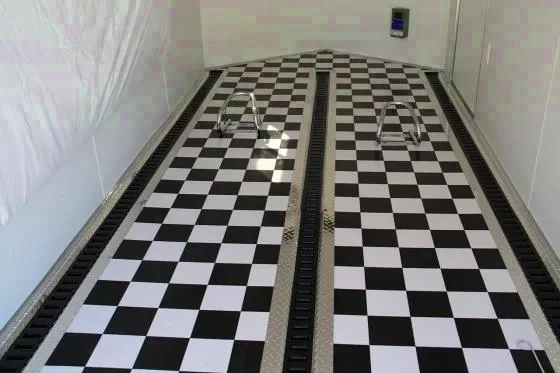 16FT MOTORCYCLE TRAILER W/BLACK AND WHITE CHECKERED FLOOR AND AWNING