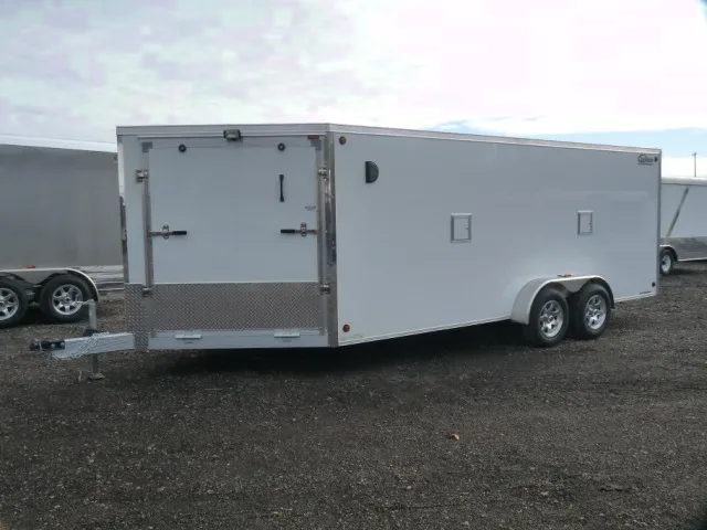 White Enclosed 23ft Snowmobile Trailer w/Helmet Package