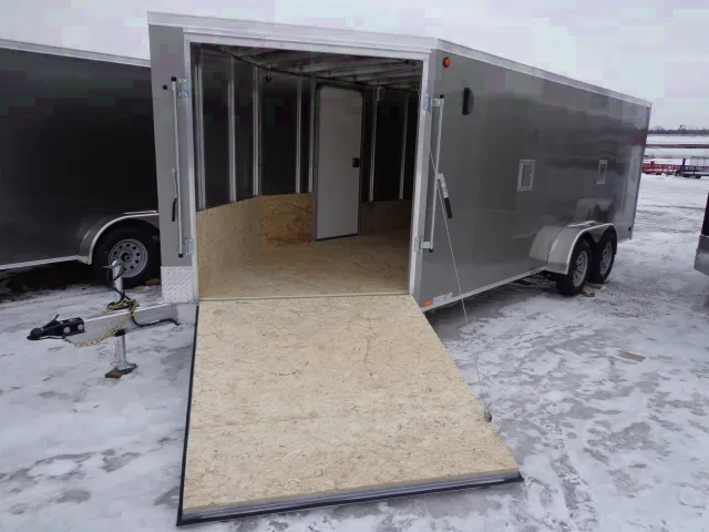 23ft Snowmobile Trailer, Pewter, Rear Ramp, V-nose w/Ramp