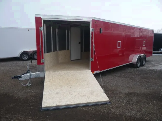Red 29 ft All Aluminum Enclosed Snowmobile Trailer